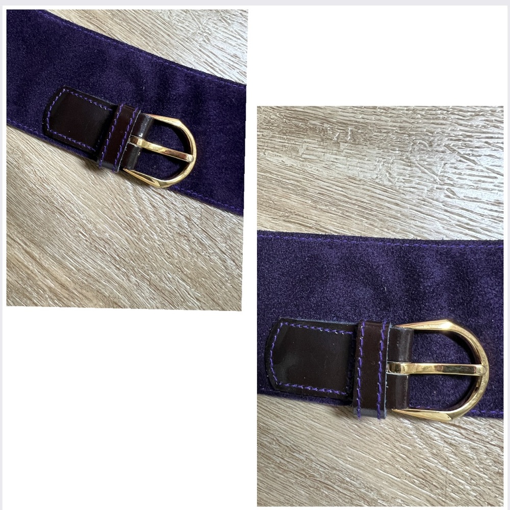 🎁 Vintage Leather Belt 1983 French | Deep Purple Suede | Asymmetrical Detail New - Picture 11 of 16